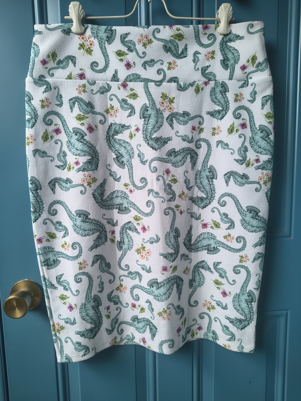 LuLaRoe White Pencil Skirt with Teal Seahorse Print